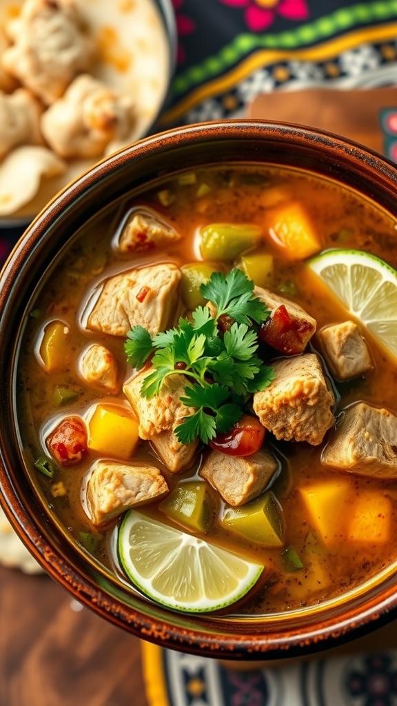 Bowl of Colorado pork green chili with cilantro and lime, served on a rustic table.